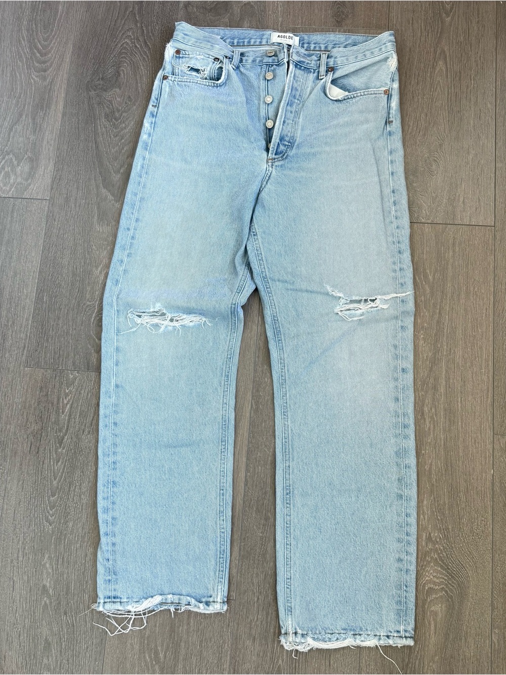 Agolde Light Blue Straight-Leg Distressed Jeans